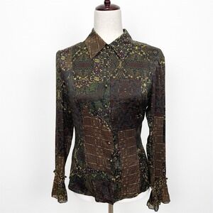Vtg‎ 90s Abstract Top Womens 2 Green Silk Beaded Fairy Grunge Whimsigoth Funky